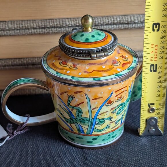 Kelvin Chen Jumping Frogs on Pond Enameled Miniature Teapot with Hinged Lid - Picture 10 of 10